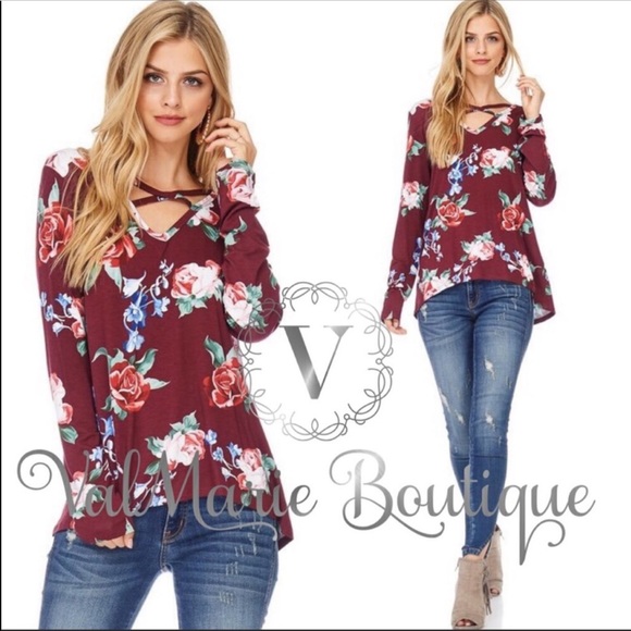 ValMarie Tops - LAST 1 - Burgundy floral cross cross top